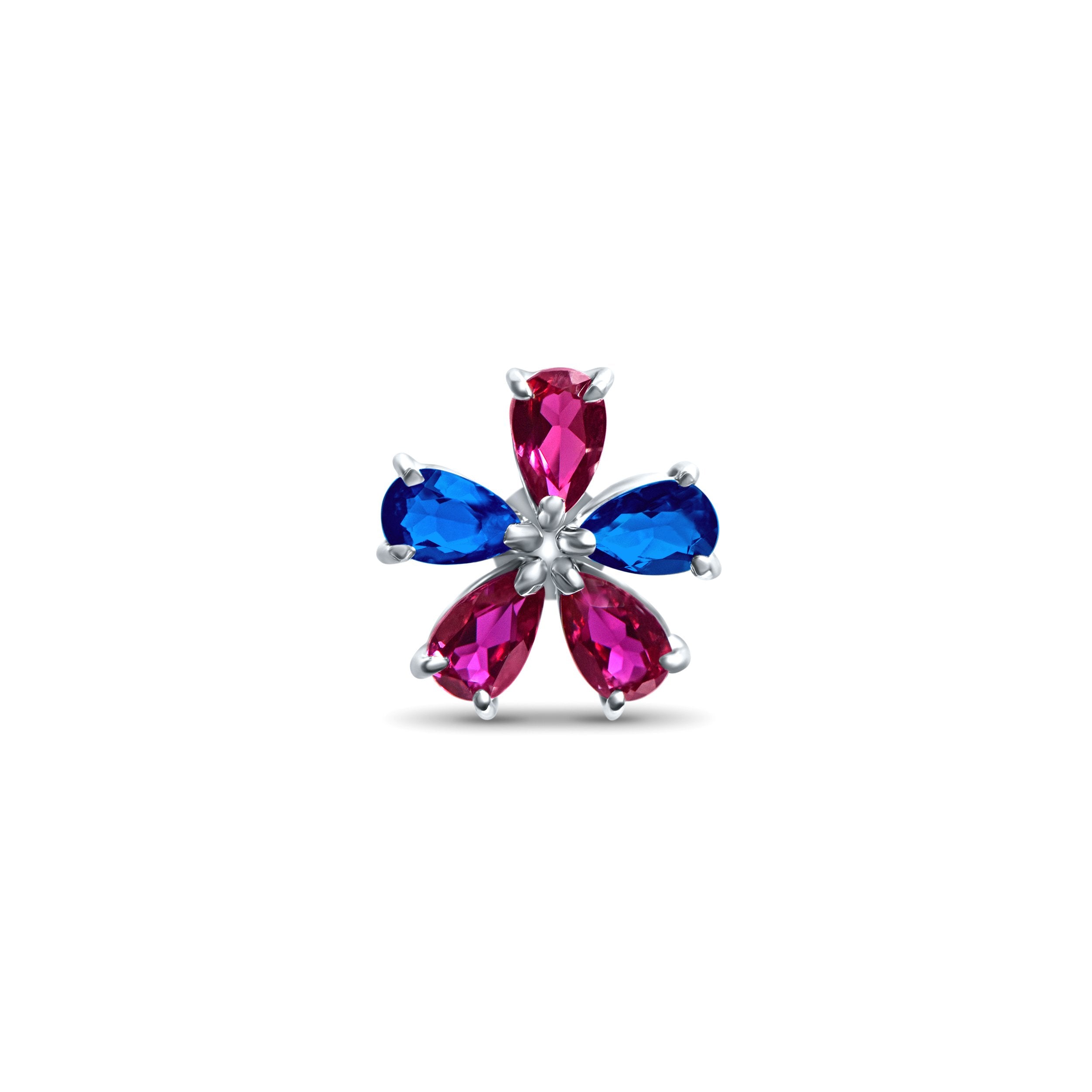 Little Blue Sapphire Flowerdrop - or blanc 18k – Boucle d'oreilles en or 18k – porté de face